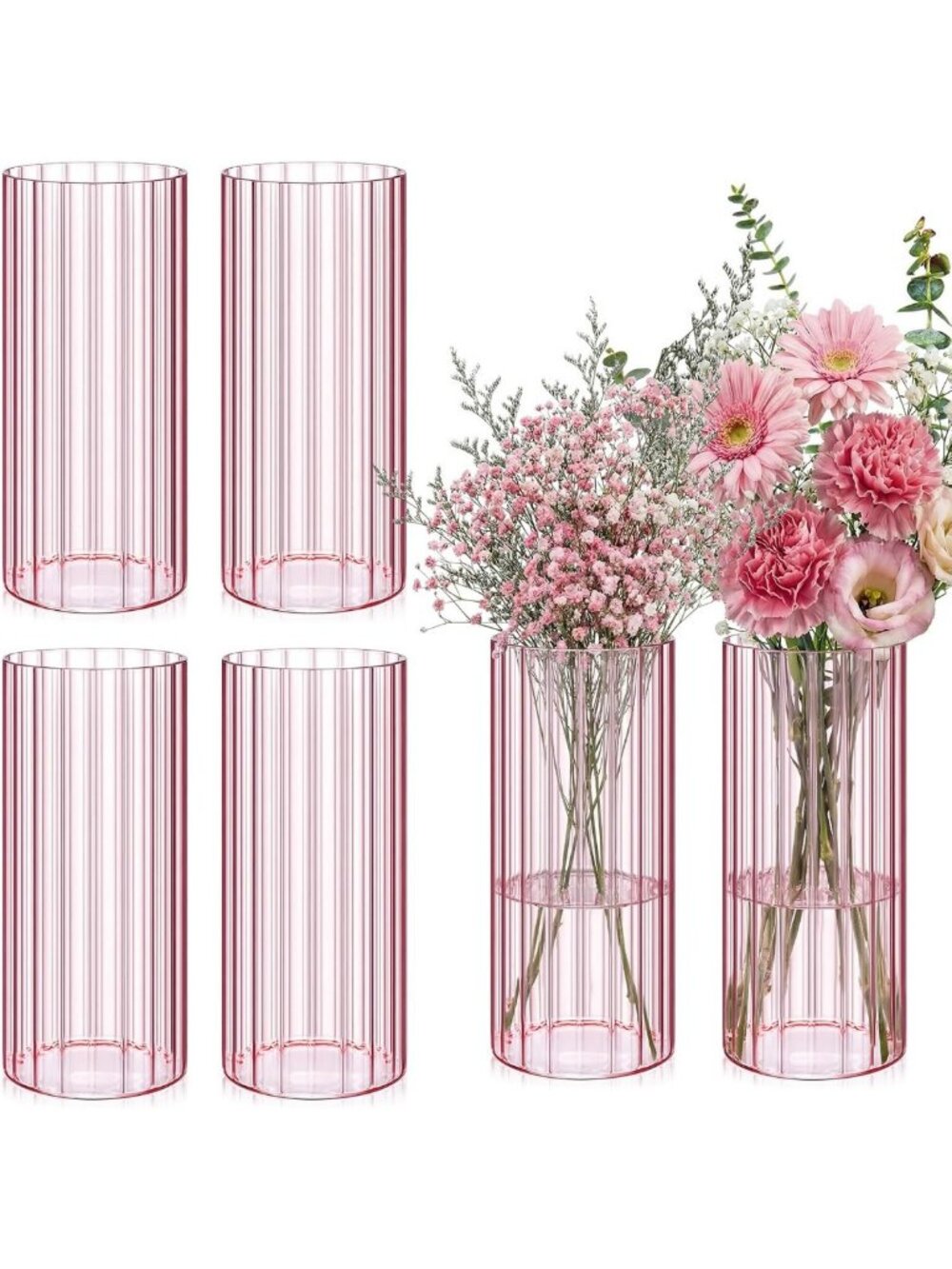 Set of 6 Pink Ribbed Glass Cylinder Vases - 8 Inch Tall Decorative Home Accents